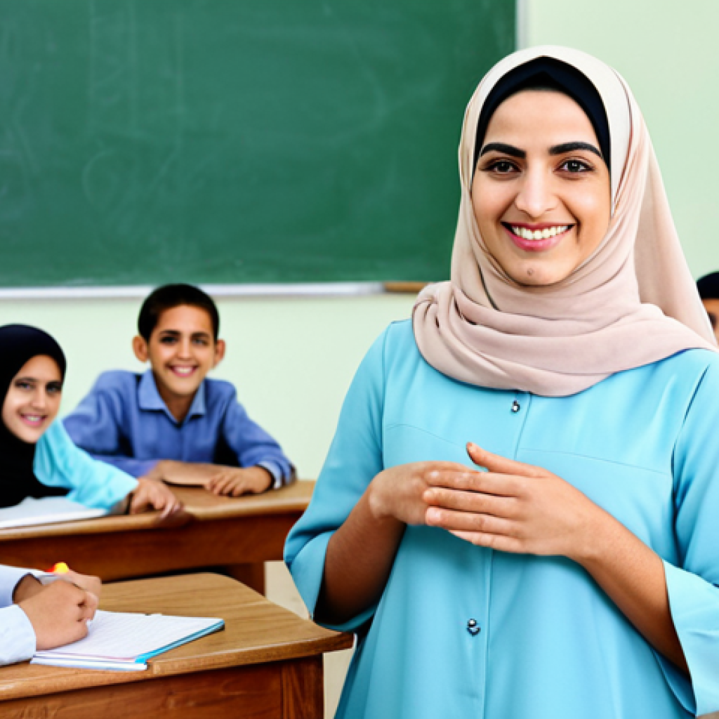 Modern Arabic Teacher**

"A professional and kind Arabic teacher, fully clothed in modest, traditional clothing, smiling warmly in a bright and welcoming classroom. Students are engaged in learning in the background. Safe for work, appropriate content, family-friendly. Perfect anatomy, correct proportions, natural pose, well-formed hands, proper finger count, professional photography, high quality."

**