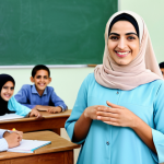 Modern Arabic Teacher**

"A professional and kind Arabic teacher, fully clothed in modest, traditional clothing, smiling warmly in a bright and welcoming classroom. Students are engaged in learning in the background. Safe for work, appropriate content, family-friendly. Perfect anatomy, correct proportions, natural pose, well-formed hands, proper finger count, professional photography, high quality."

**