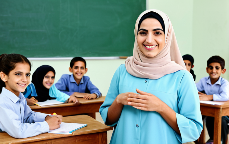 Modern Arabic Teacher**
"A professional and kind Arabic teacher, fully clothed in modest, traditional clothing, smiling warmly in a bright and welcoming classroom. Students are engaged in learning in the background. Safe for work, appropriate content, family-friendly. Perfect anatomy, correct proportions, natural pose, well-formed hands, proper finger count, professional photography, high quality."
**
