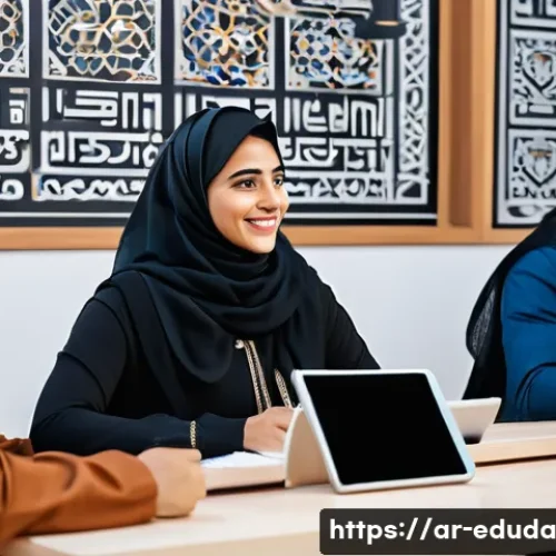 개방형 교육 자원 생태계에서의 기술 도구 활용 - A vibrant digital classroom scene featuring Arab students of diverse ages engaging enthusiastically ...