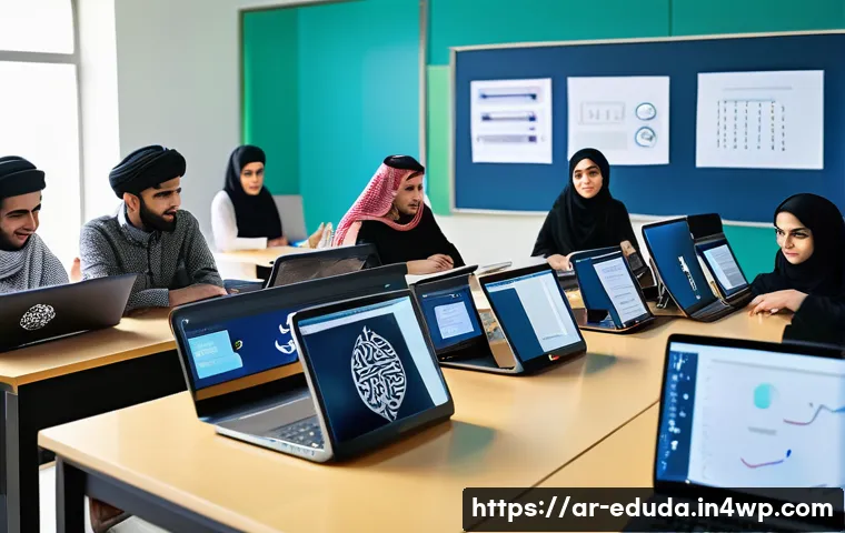 개방형 교육 자원 생태계에서의 새로운 트렌드 - A modern classroom setting in a Middle Eastern university, featuring diverse Arab students engaged w...