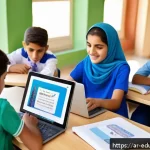 개방형 교육 자원 생태계의 사회적 책임 - A vibrant classroom scene in a modern Middle Eastern school, featuring diverse Arab students and tea...