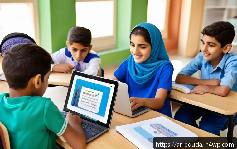 개방형 교육 자원 생태계의 사회적 책임 - A vibrant classroom scene in a modern Middle Eastern school, featuring diverse Arab students and tea...