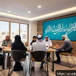 개방형 교육 자원 생태계와 전통 교육의 비교 - A modern digital classroom scene featuring a diverse group of Arab adult learners engaging with onli...