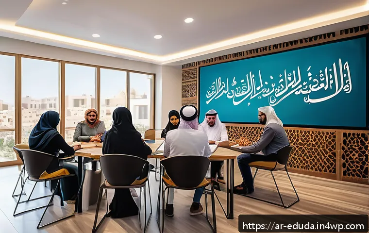 개방형 교육 자원 생태계와 전통 교육의 비교 - A modern digital classroom scene featuring a diverse group of Arab adult learners engaging with onli...