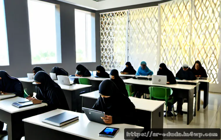개방형 교육 자원 생태계에서의 데이터 관리 - Photorealistic modern university library in an Arab city, diverse Arab educators and adult students ...