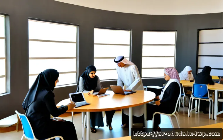 개방형 교육 자원 생태계에서의 커리큘럼 설계 - Photorealistic modern university learning studio in an Arab city, diverse adult educators in modest ...